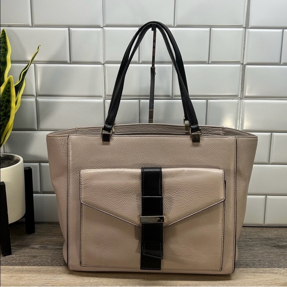 Kate Spade Pebbled Leather Tote Bag – Taupe & Black with Front Pocket - Picture 1 of 7
